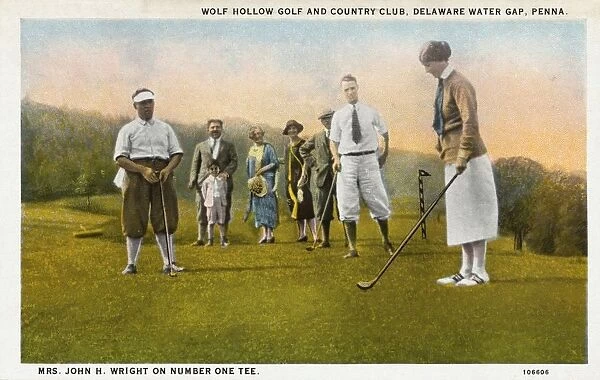 Golfer Teeing Off at the First Hole. ca. 1925, Pennsylvania, USA, WOLF HOLLOW GOLF AND COUNTRY CLUB, DELAWARE WATER GAP, PENNA. MRS. JOHN H. WRIGHT ON NUMBER ONE TEE