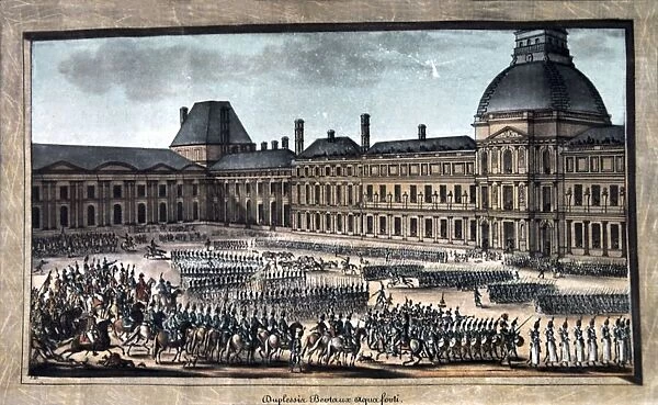 Grand parade of French troops in front of First Consul Bonaparte in the courtyard