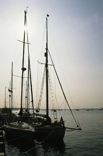 Great Britain, England, Dorset, Poole, boats moored in harbour, sunset