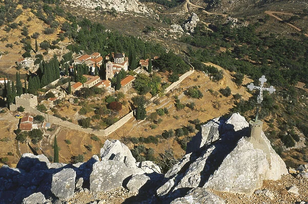 Greece, Aegian Islands, Chios, aerial view of Byzantine monastery of Nea Moni, seen from southwest, cross in foreground