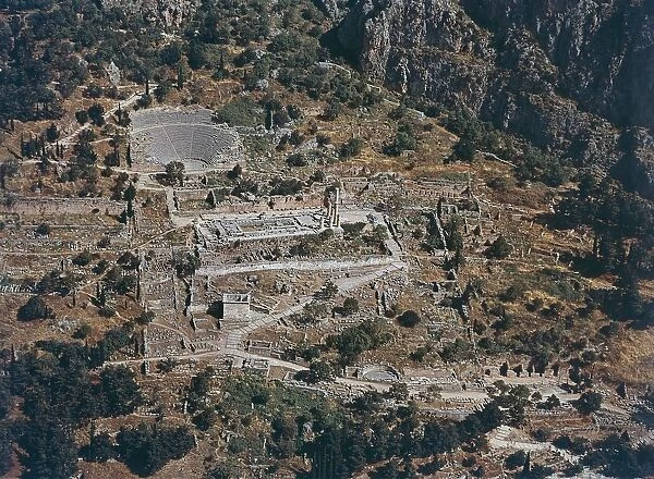 Greece, Aerial view of the archaeological site of Delphi