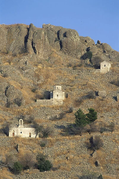 Greece, Aigina, scattered ruins of Byzantine chapels around the deserted town of Palaiochora