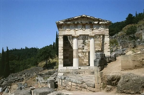 Greece, Delphi Temple of Apollo, Athenian Treasury, reconstruction with original material
