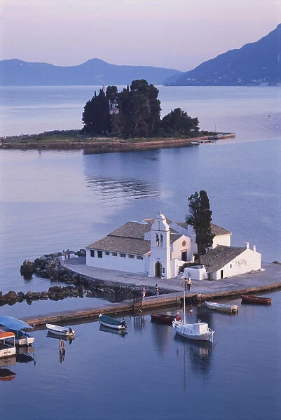 Greece, Ionian islands, Vlacherne, islet with a small convent, reached by a short causeway on which boats are moored