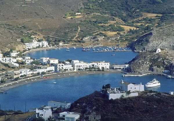 Greece, Kythira, aerial view of Kapsali harbour seen from Chora