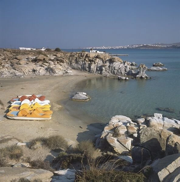 Greece, Paros, sandy cove of Kolymbithres beach, with colourful beach-boats
