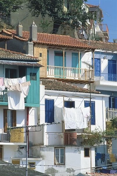 Greece, Skopelos, Glossa, whitewashed houses with colourful doors and shutters