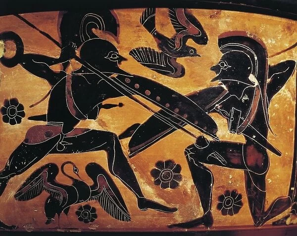 Greek civilization, Black-figure pottery, Attic vase depicting clash between two warriors