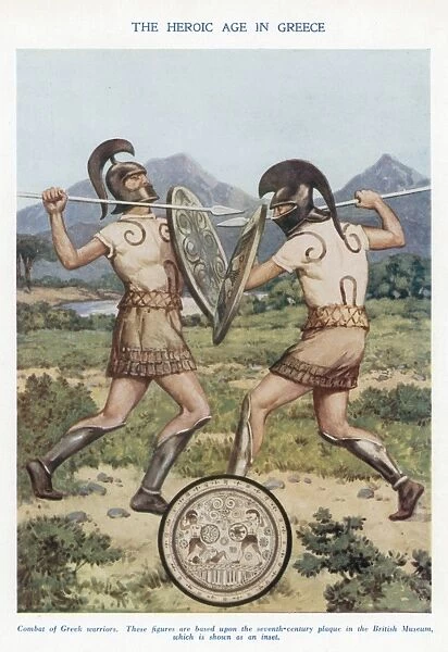 Greek warriors in hand-to-hand combat. Early 20th century illustration based on an