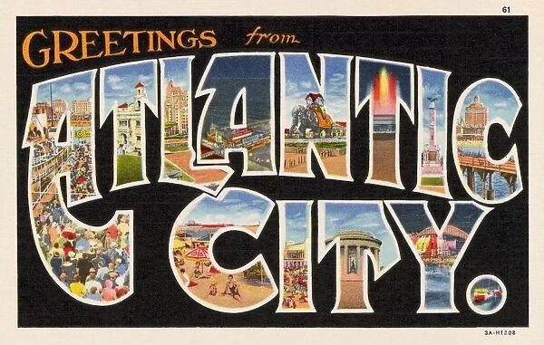 Greeting Card from Atlantic City, New Jersey. ca. 1933, Atlantic City, New Jersey, USA, Sixy miles from Philadelphia, 125 miles from New York, Atlantic City is south of the Mason-Dixon Line. Over 1000 hotels, more hotel rooms than 30 states possess, the safest beach, a year round equable climate, a magnificent Boardwalk, piers, sports and everything to appeal to man has produced this, the Worlds Greatest All-Year Health and Pleasure Resort