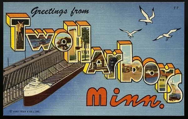 Greeting Card from Two Harbors, Minnesota. ca. 1949, Two Harbors, Minnesota, USA, Two Harbors, Minn. is situated on Agate and Burlington Bays and has been an important loading point for iron ore since the year, 1884. Besides viewing the loading of huge boats from a park opposite the docks, visitors may enjoy superb scenery right in Two Harbors and vicinity. Their golf course has a beautiful natural setting overlooking Lake Superior. Commercial fishing villages along the shore are picturesque and visitors watch the fishing boats bring in catches of big lake trout and other fresh water fish. Deep sea fishing is a favorite sport from ports all along the north shore of Lake Superior