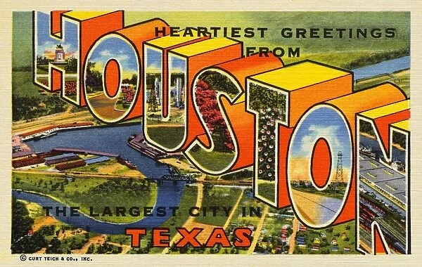 Greeting Card from Houston, Texas. ca. 1947, Houston, Texas, USA, In Addition to Being the Largest City in Texas, HOUSTON is Known as the Oil Center of the World, Its Marvelous Port Rating Third in Tonnage Handled in the United States. It is a Popular Convention City and Possibly Growing as Fast as any City in the Nation