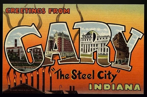 Greeting Card from Indiana. ca. 1945, Gary, Indiana, USA, G-Horace Mann High School. A-Gary Hotel. R-City Hall. Y-Knights of Columbus Club Hotel