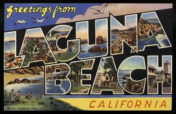 Greeting Card from Laguna Beach. ca. 1939, Laguna Beach, California, USA, Laguna Beach is the home of famous American Artists-playwrights, painters, musicians, writers and moving picture actors. The beaches, cliffs and lovely hills are a scene to remember
