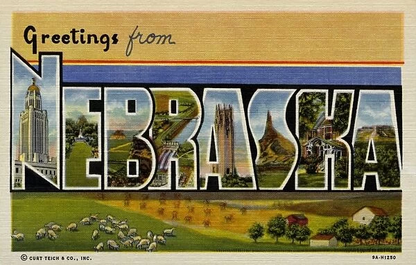 Greeting Card from Nebraska. ca. 1939, Nebraska, USA, N-New State Capitol, Lincoln. E-Formal Garden, Harmon Park, Kearney. B-Dome Rock, Scottsbluff National Monument. R-Public Power District, Columbus. A-Singing Tower, Omaha. S-Chimney Rock, Oregon Trail. K-Former Residence of Buffalo Bill. A-Scottsbluff National Monument