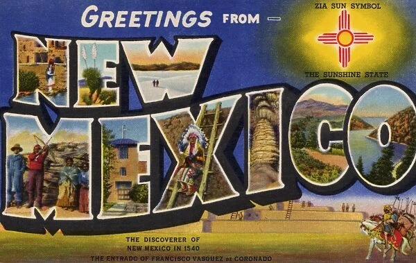 Greeting Card from New Mexico. ca. 1940, New Mexico, USA, G-24--NEW MEXICO. The most historic State in the U. S. A. In the year 1846 the province was surrendered to the U. S. A. and remained a territory until 1912, when it was admitted to statehood. Through one of the oldest settlements, it is the youngest state in the Union and the least known. Its wonderful scenery, delightful climate, primitive Indian and Spanish inhabitants and customs, all add to the interest and curiosity of the visitor to this land of manana