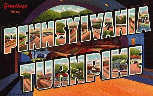 Greeting Card from Pennsylvania Turnpike. ca. 1941, Pennsylvania, USA, The Pennsylvania Turnpike is known as Americas 1 Highway. The beginning of an express system soon to stretch over the continent. It is unique in the fact that this feat was accomplished by cutting through mountain barriers and in record time