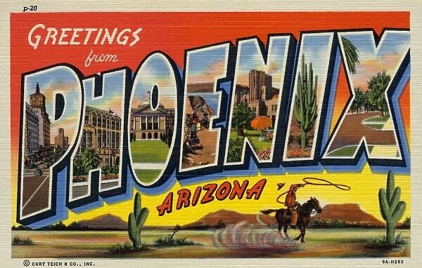 Greeting Card from Phoenix, Arizona. ca. 1939, Phoenix, Arizona, USA, Phoenix is the county seat of Maricopa County, and is the Capital of the State of Arizona. It was founded in 1867 and today the population of its metropolitan area is estimated at 225, 000. It is a mecca for winter visitors, who journey west to enjoy the mild climate of desert sunshine. KEY TO LETTERS: P-North Central Avenue: H-Court House: O-State Capitol: E-Apache Indians: N-Arizona Biltmore: I-Giant Sahuaro: X-Palm Drive