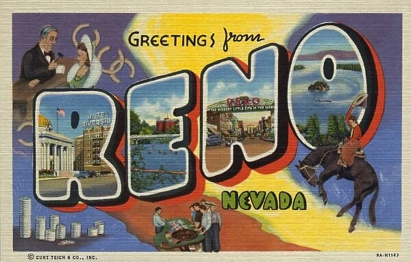 Greeting Card from Reno. ca. 1939, Reno, Nevada, USA, RENO, NEVADA. A City of 20, 000 population, the largest city in Nevada, Reno, is noted for fine residential sections, excellent schools, and for many churches and modern business structures. It is the center of one of the finest recreational areas in the West, and enjoys an almost ideal climate. The University of Nevada and Mackay School of Mines are beautifully situated on a hilltop overlooking the city. Reno is familiarly referred to as The Biggest Little City in the World