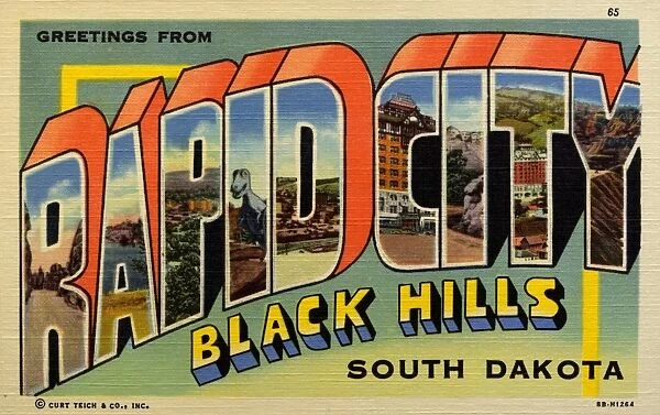 Greeting Card from South Dakota. ca. 1948, Rapid City, South Dakota, USA, This pioneer western city, elevation 3, 200 feet lies on the western boundary of fertile farm lands and is the Eastern Gateway to the colorful Black Hills. Among the many interesting points in the city are Museum at School of Mines, Indian Museum at Halley Park. Visit to Canyon Lake and Rapid Canyon are enjoyable trips. The famous Dinosaur Park is reached over the well known skyline drive. The Rapid City Air Force Base is 10 miles east on Highway U. S. 14-16