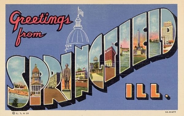 Greeting Card from Springfield, Illinois. ca. 1935, Springfield, Illinois, USA, Lincoln Home, Lincoln Monument, Court House, Lincoln Hotel, Dam, Beach, Lindsay Bridge, State House, Centennial Building, Illinois Building, Lincoln Statue