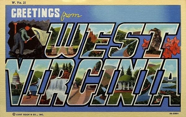 Greeting Card from West Virginia. ca. 1939, West Virginia, USA, W-Prehistoric Mound: E-Seneca Rock: S-New River Canyon: T-Pinnacle Rock: V-State Capitol: I-New River Canyon: R-Blackwater Falls: G-Deepest Highway Cut: I-Blackwater Canyon: N-White Sulphur Spring: I-New River Canyon: A-Tri-State View