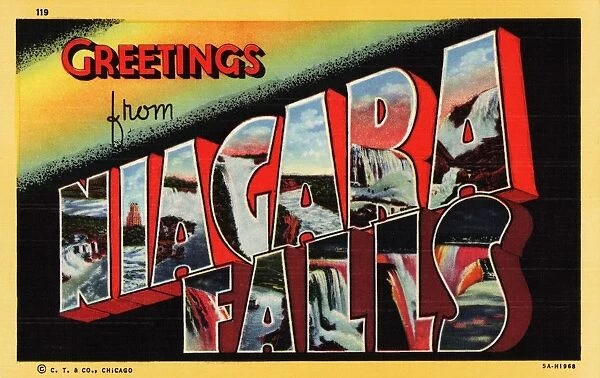 Greetings from Niagara Falls Postcard. ca. 1935, Buffalo, New York, USA, Greetings from Niagara Falls Postcard