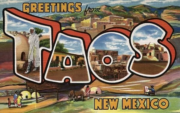 Greetings from Taos, New Mexico Postcard. ca. 1937, Greetings from Taos, New Mexico Postcard