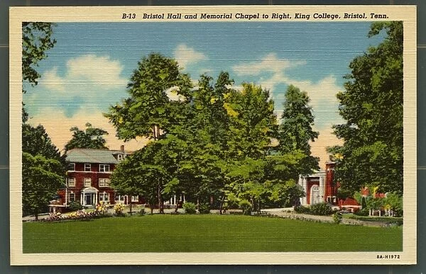 Grounds of King College in Bristol, Tennessee. ca. 1938, Bristol, Tennessee, USA, B-13. Bristol Hall and Memorial Chapel to Right, King College, Bristol, Tenn