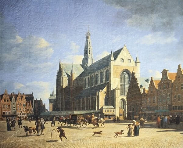 Haarlem, view of the Groote Market with the Grote Kerk, by Gerrit Adrians Berck Heyde