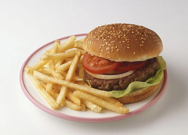 Hamburger and chips on plate