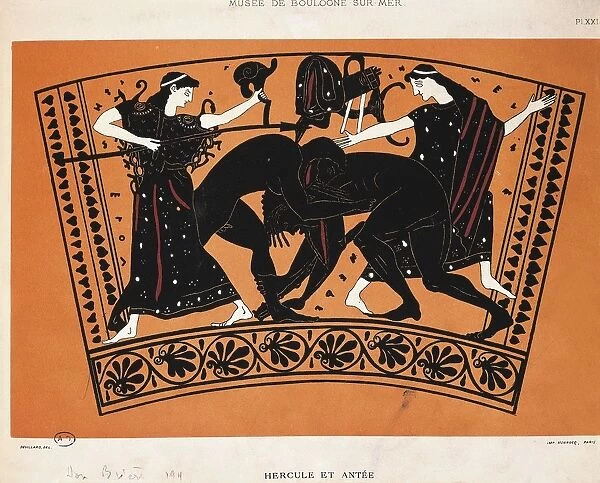 Heracles and Antaeus, drawing from vase, black-figure pottery