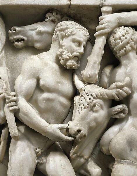 Hercules capturing Cretan Bull of Minos, from Sarcophagus of Labours of Hercules