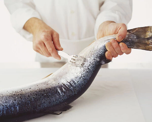 Holding the tail of a salmon and using a fork to scrape off scales