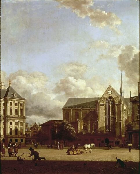 Holland, Amsterdam, Dam Square with Nieuwe Kerk (New Church) and Koninklijk Paleis (Royal Palace) by Jan van der Heyden
