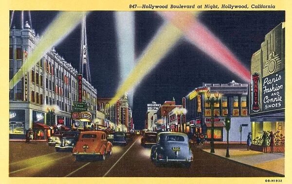 Hollywood Boulevard at Night Postcard. ca. 1940, Hollywood Boulevard at Night Postcard