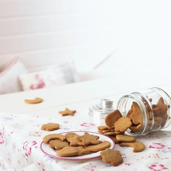 Home-made ginger biscuits of various shapes on plate, and spilling from jar onto table