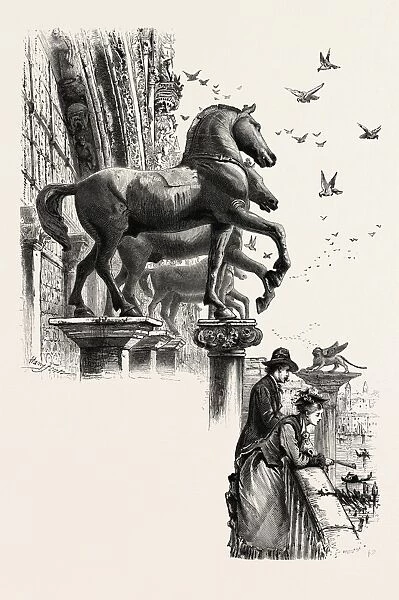 HORSES OF ST. MARK, SAN MARCO, VENICE, ITALY, 19th century engraving