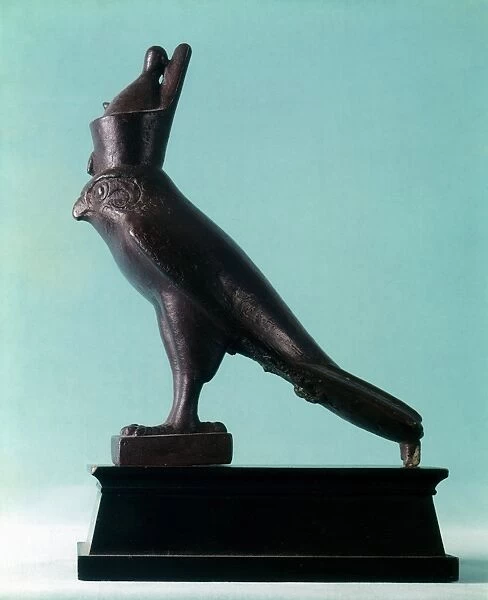 Horus, Ancient Egyptian falcon god. Saite Epoch. Bronze statuette