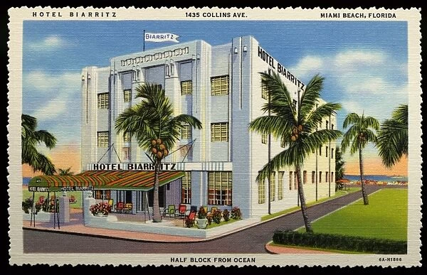 Hotel Biarritz. ca. 1936, Miami Beach, Florida, USA, HOTEL BIARRITZ, 1435 COLLINS AVE. MIAMI BEACH, FLORIDA. HALF BLOCK FROM OCEAN. HOTEL BIARRITZ, 1435 Collins Avenue. Between 14th and 15th Street, MIAMI BEACH. Beautifully furnished-Modern-Each room with Ocean View, Private Bath and Telephone-Attractive Veranda-Surf bathing from your room-Centrally located, yet away from the congested district. -