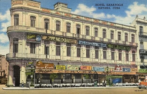 Hotel Saratoga. ca. 1949, Havana, Cuba, HOTEL SARATOGA, HAVANA, CUBA. HOTEL SARATOGA, This Hotel of Colonial taste was established in 1880. It is located at PRADO AVENUE and DRAGONES STREET, directly in front of the Capitol and Fraternity Park. It has 120 rooms, each with hot and cold water and private bath. It also has a Solarium for the pleasure and enjoyment of its guests