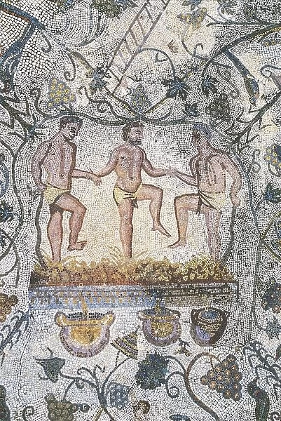 House of the Amphitheater, wine pressing, Roman mosaic art, 3rd century AD