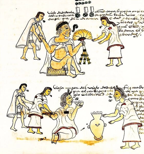 An illustration from Codex Mendoza depicting elderly Aztecs smoking and drinking pulque