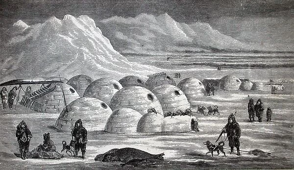 illustration of an Inuit village, Oopungnewing, near Frobisher Bay on Baffin Island