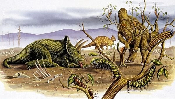 Illustration of prehistoric animals in their environment