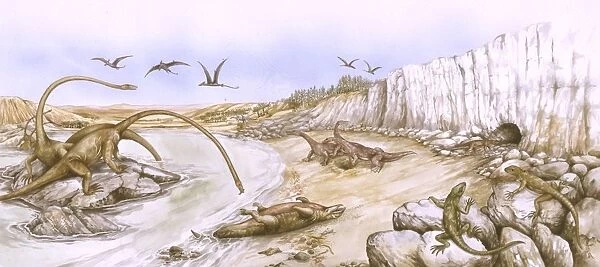 Illustration representing prehistoric animals in their environment
