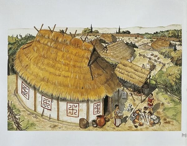 Illustration representing reconstruction of dwelling hut, late bronze-early iron age, Mycenae, Greece