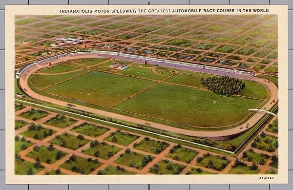 Indianapolis Motor Speedway. ca. 1933, Indianapolis, Indiana, USA, INDIANAPOLIS MOTOR SPEEDWAY, THE GREATEST AUTOMOBILE RACE COURSE IN THE WORLD. THE INDIANAPOLIS MOTOR SPEEDWAY is the foremost brick motor race course in the world. The annual Decoration Day Sweepstakes attract more than 125, 000 spectators from all parts of America and Europe