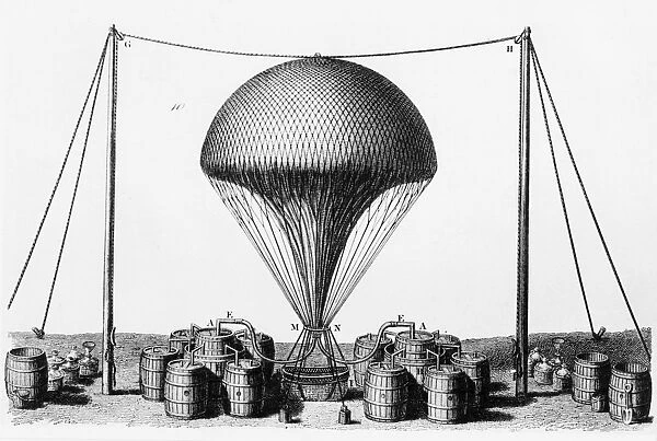 Inflating balloon with hydrogen, produced by covering barrels of iron filings with sulphuric acid