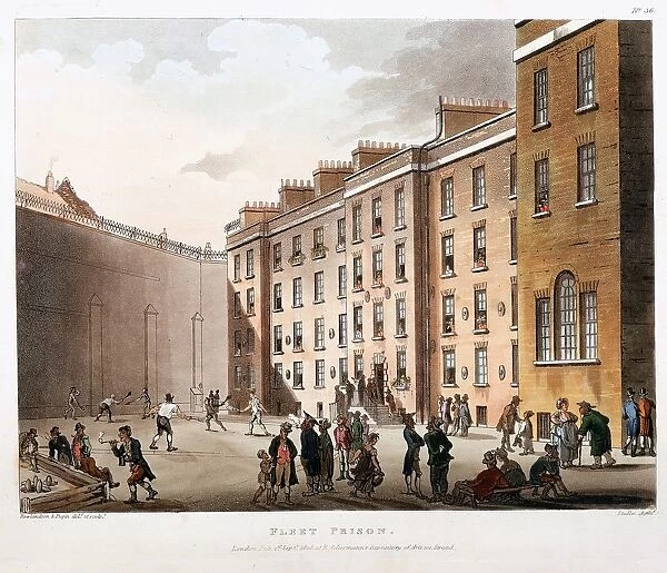 Inner court, Fleet Prison, London. Prisoners playing Fives and Skittles, and socialising
